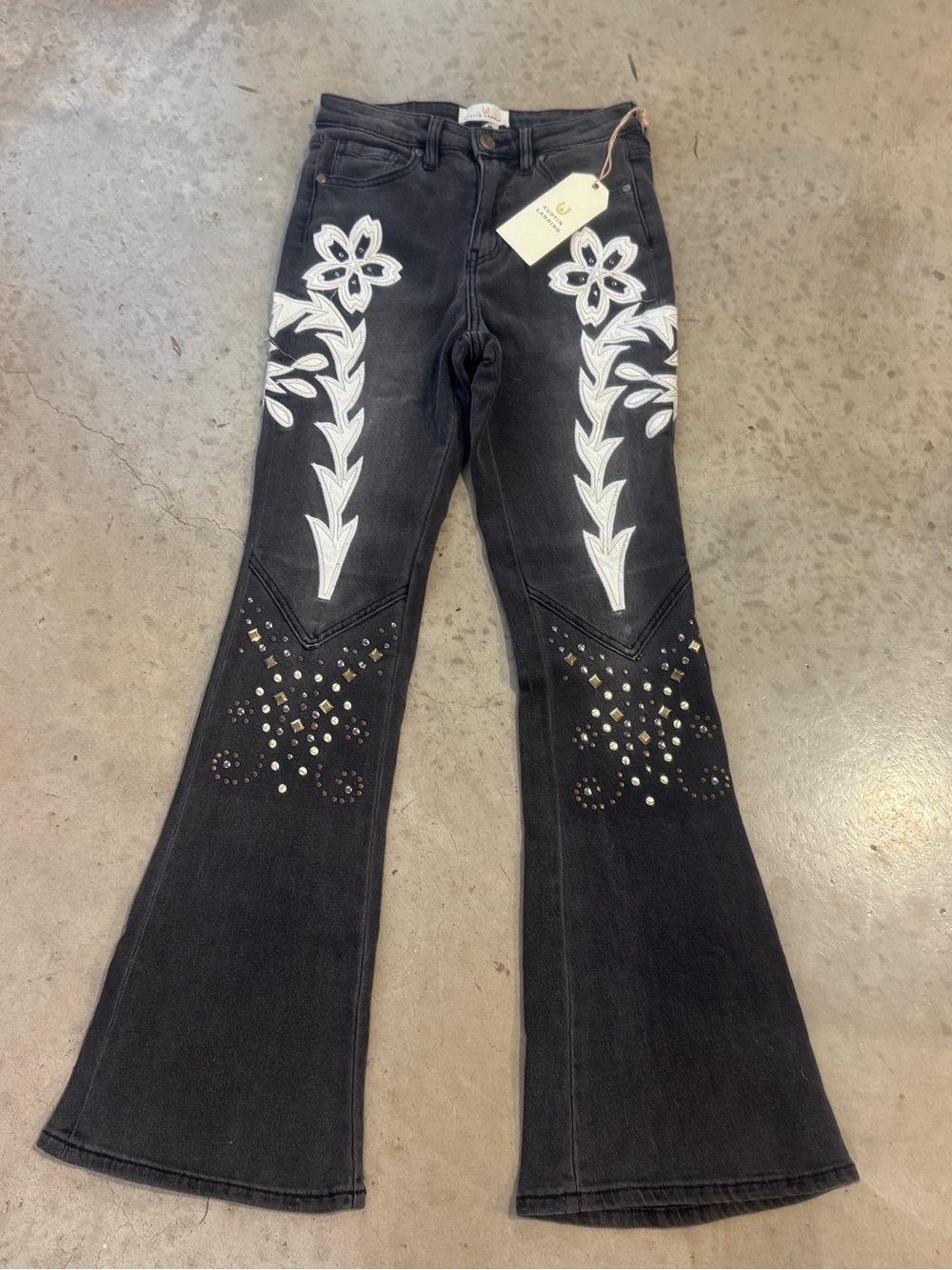 Black Embroidered Flare Jeans with Stud Detail - Women